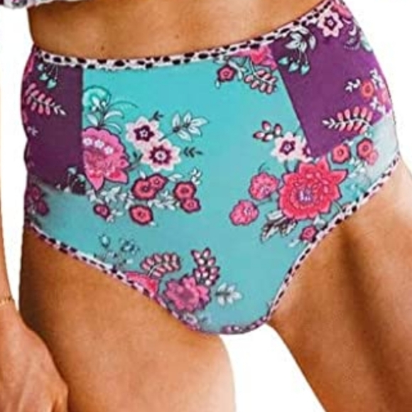 NEW AQUA Blue Floral Purple Contrast Spotted High Rise Bikini Swim Bottom Large - Picture 2 of 8